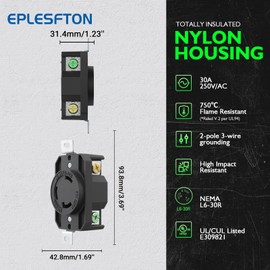 EPLESFTON 1 Pack NEMA L6-30R Flush Mounting Locking Receptacle, Industrial Grade Twist Lock Socket/Outlet for Generator, 30 Amp 250V 2 Pole 3 Wire Grounding, Heavy Duty, UL Listed(E309821)