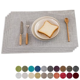Kevin Textile 13"x19" Faux Linen Heat Resistant Placemats for Dining Table Set of 4, Easy to Clean Anti-Slip Place Mats, Grey White