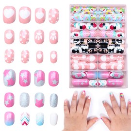 Pack of 120 Stick-On Fingernails for Children, Cute Artificial Nails for Sticking, Flower Cherry Dots and Line Designs, Artificial Fingernails Gift for Girls, Press On Nails Children