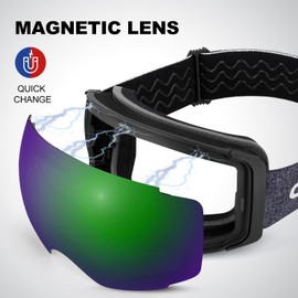 Odoland Ski Goggles for Men and Women Boys Frameless Snowboard Goggles with Magnetic Interchangeable Lens UV Protection Helmet Compatible for Skiing Black Green