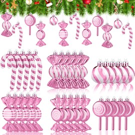 Liliful Christmas Candy Ornament Set 30 Pcs Plastic Peppermint Candy Cane Christmas Decorations Christmas Candy Lollipop Ornament Xmas Hanging Lollipop Pattern Decorations with Rope (Pink White)