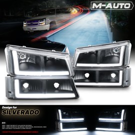 M-AUTO L+R Headlights Assembly w/LED DRL Daylight Strip Compatible with 03-04 Chevy Silverado 2500, 03-06 Silverado 1500 1500HD 2500HD 3500/Avalanche 1500 2500