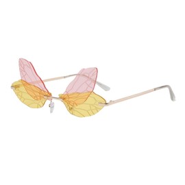 RUNHUIS Rimless Dragonfly Sunglasses Vintage Retro Wings Shaped Butterfly Fairy Shadow Glasses Fashion Party Glasses for Women Men, Yellow-pink