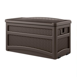 Suncast Durable 73 Gallon Outdoor Plastic Storage Chest with Handles, Wheels, and Seat for Patio, Garden, or Pool for Indoor and Outdoor Use, Java