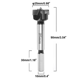 Sinoprotools HW Forstner Drill Bit Diameter 25 mm, 10 mm Shank Forstner Bits with Round Shaft Drill Bits Length 90 mm, Accessories Drill for Wood Plastic