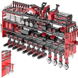 Organizador de herramientas eléctricas de montaje en pared, estante de almacenamiento para taladro inalámbrico con soporte para 8 taladros, estante de herramientas de 4 capas de metal pesado