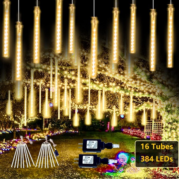 2-Pack Meteor Shower Lights Outdoor, Connectable Christmas Decorations String Lights Total 384LED Rain Drop Lights 30cm 16 Tubes Plug in for Xmas Tree Roof Wedding Birthday Party Garden (Warm White)