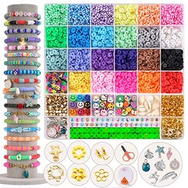 FZIIVQU 6100 Pcs Clay Beads Bracelet Making Kit 24 Colors Flat Clay Beads Set Preppy Bracelet Kit Lnclude Polymer Clay Heishi Bead UV Letter Beads for Jewelry Earrings Making