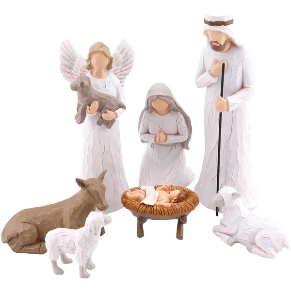 ACTLATI Nativity Figurines Set Ornaments, Resin, Hand Carved Sculpture, Home Decoration, Christmas Gift, Including Angels, Three-Headed Family of Jesus, Three Sheep