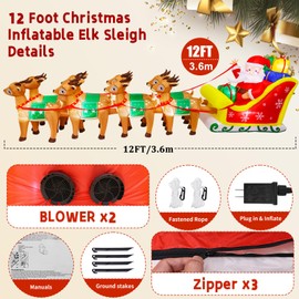 12 FT Christmas Inflatables with Santa Claus Reindeer Built-in LED Lights Blow Up Christmas Decor for Christmas Party Holiday Outdoor Garden Lawn Yard Decorations