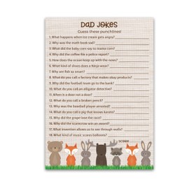 DAD JOKES Baby Shower Games, WOODLAND ANIMALS, Jungle Theme Baby Shower — Pack of 25 — Fun Dad Joke Game, Funny Daddy Joke Trivia, Welcome to the Wild Shower, Gender Neutral Birthday Activity G601-DJK