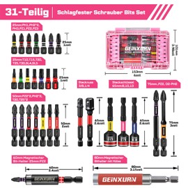 Geinxurn 31-Piece Bit Box Screwdriver Bit Set with Colour Coding Professional, Includes Torx, Ph, PZ, Slotted, Hex S2 Steel Magnetic, Bit Holder, Socket Adapter with Pink Storage Box