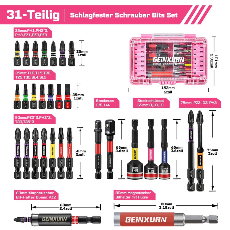 Geinxurn 31-Piece Bit Box Screwdriver Bit Set with Colour Coding