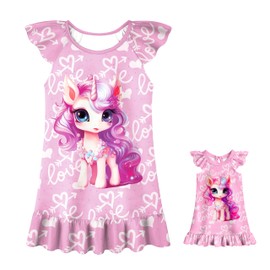 LQSZ Matching Doll and Girls Nightgowns Love Unicorn Flutter Short Sleeves Nightie Pajamas for Girls & 18" Dolls Clothes 6 7t
