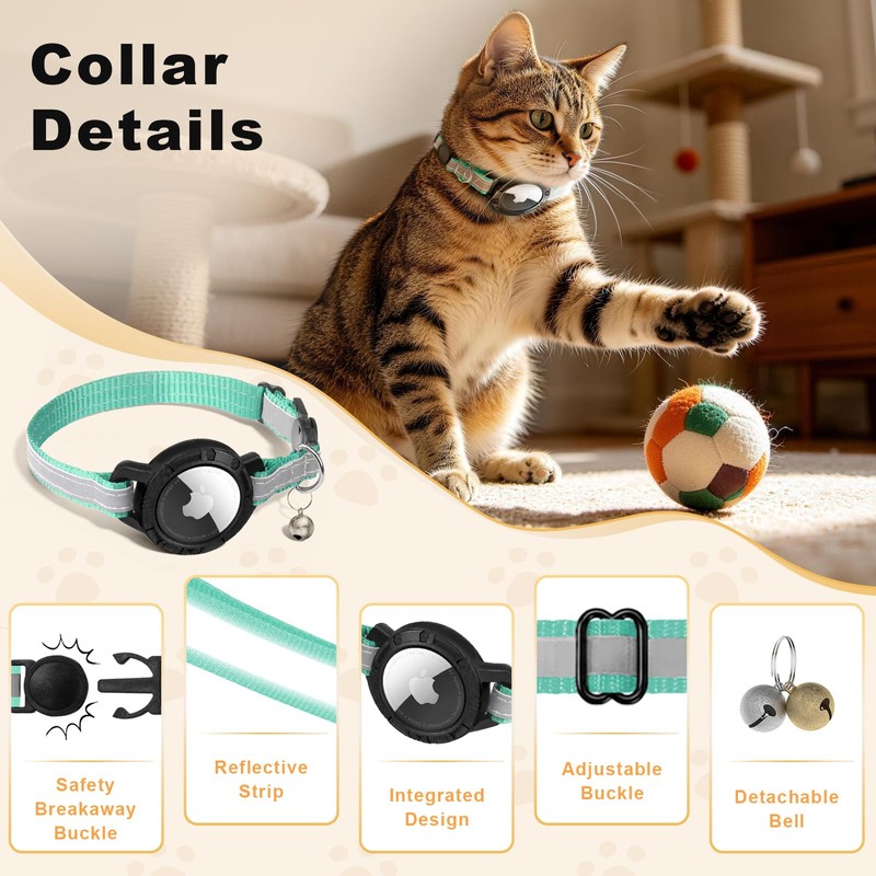 Airtag Cat Collar Breakaway, Reflective Cats Collars with Bell (Teal)