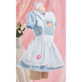 MEOWCOS Women's Maid Dress French Apron Maid Dress Kawaii Kitty Dress with Paw Embroidery Anime Cosplay Costume