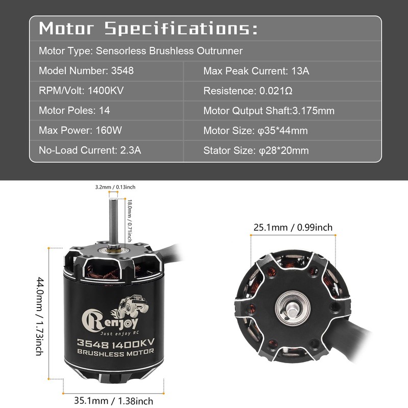 3548 1400KV Brushless Outrunner Motor with AM32 80A Brushless ESC