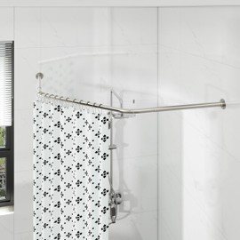 Corner Shower Curtain Rod, Diamond Shaped Shower Pole, Curved Shower Curtain Rod for Bathroom, 304 Stainless with 12 Ring Hooks & Ceiling Support [Sides: 22"-34.8", Middle: 28"-43.7"] (Silver)