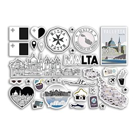 A5 Sticker Sheet Malta Landmarks Vinyl Stickers - BW Maltese Map Airport Stamp Skyline Flag Travel Holiday City Country Aesthetic #80354