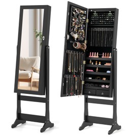COSTWAY Standing Jewelry Cabinet, Large Storage Jewelry Armoire with Full Length Mirror, 4 Adjustable Angles & 2 LED Lights for Women, Girls (Black)