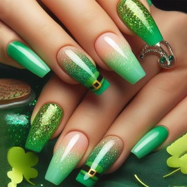 St. Patrick's Day Press On Nails Coffin Fake Nails Leather Belt Green Glossy Shiny Stick On Nails Gradient Acrylic Nails Holiday Press On Nails Acrylic Fake Nail Kit Press On Nails For Women 24pcs