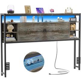 Unikito Queen Size Headboard with Storage, Headboards with Outlets and RGB LED Light, Sturdy Head Board for Queen Size Bed, Stable Headboard Only for Bedroom, Dorm Room, Guest Room, Black Oak