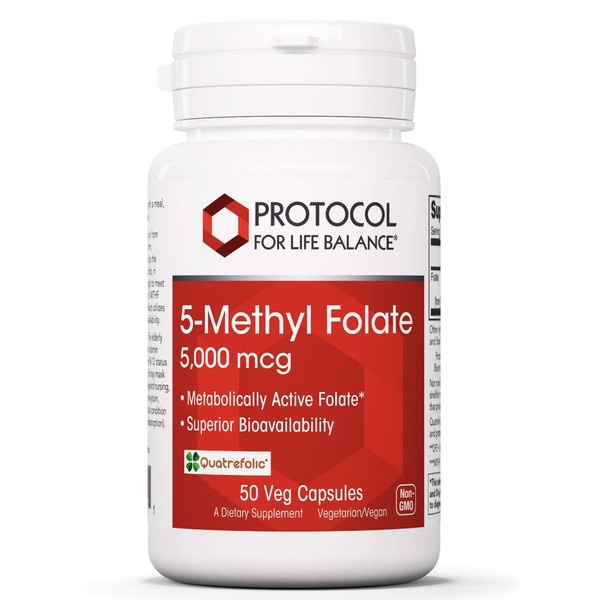 PROTOCOL FOR LIFE BALANCE - 5-Methyl Folate 5000 mcg - Metabolically Active Folic Acid 5-MTHF - Supports Brain, Heart, Nerve Health, Helps Improve Immune System, Healthy Pregnancy - 50 Veg Capsules
