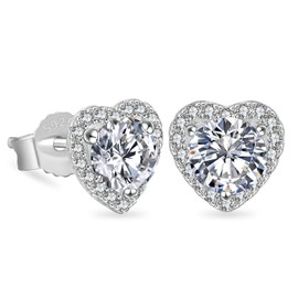 Moissanite Stud Earrings, 1ct-2ct Brilliant Heart Shape Lab Created Diamond Earrings, D Color VVS1 Clarity, White Gold Plated Silver Friction Back for Women