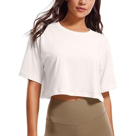 CRZ YOGA Women's Pima Cotton Workout Crop Tops Short Sleeve Yoga Shirts Casual Athletic Running T-Shirts Milky White (Bone) Large