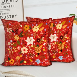 HZYKDWD Floral Pillow Covers 40x40 cm Set of 2,Red Farmhouse Floral Pillow Covers Decor Double Sided Pattern Cushion Cover Soft Pillow Case Living Sofa Room Bed Porch Patio Square Pillow Cover