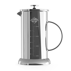 CrossCreek French Press Coffee & Milk Frother, 34oz (4 Cups) Heat Resistant Borosilicate Glass Coffee Press with 4 Filter Screens, Stainless Steel Plunger Durable 100% BPA Free, Stainless Steel Silver