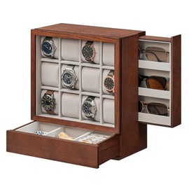 SONGMICS 12-Slot Watch Box, Watch Display Case with Window, Solid Wood Veneer, Velvet Lining, Vertical Storage, Space Saving, Gift Idea, Coffee Brown UJOW014K01