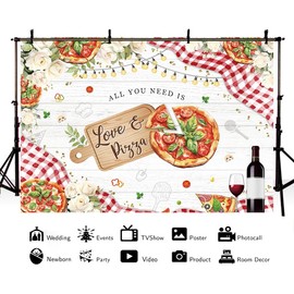 MEHOFOND 7x5ft Pizza Wedding Backdrop All You Need is Love and Pizza Bridal Shower Photography Background Floral Pizza Cooking Couple Wedding Party Decor Wood Love You to Pizzas Banner Photo Props