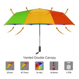 Lejorain Large Golf Umbrella Rainbow - Oversized 54inch Double Layer Windproof 10Ribs Folding Travel Umbrella Compact Auto Open Close for Rain Women/Men