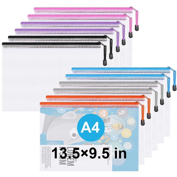 Plastic Wallets,A4 File Folder Zip Lock Bags,Zipped Pockets,12 Pcs Document