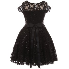 iGirlDress Cap Sleeve Floral Lace Glitter Pearl Holiday Party Flower Girl Dress Black Size 16