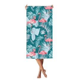 Beach Towel Microfiber Thin Lightweight Soft Absorbent Oversized Towels Quick Dry Sand Free Easy Pack Pool Swim Camping Beach Vacation Essentials Travel Things Adults Gift (Green Leaf Flamingo)