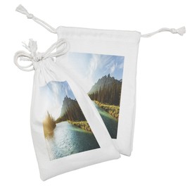 Lunarable River Fabric Pouch Set of 2, Banff National Park River Stream with Castle Mountain Canada Sunrise, Small Drawstring Bag for Toiletries Masks and Favors, 9" x 6", Blue Dark Green Yellow