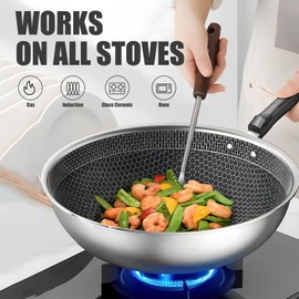 NAWESRVA 13.4” Stainless Steel Wok Pan with Lid – Honeycomb Non Stick Stir Fry Pan for Induction, Gas, Electric & Ceramic Cooktops – Tri-Ply Deep Frying Wok with Stay-Cool Handle, PFOA-Free
