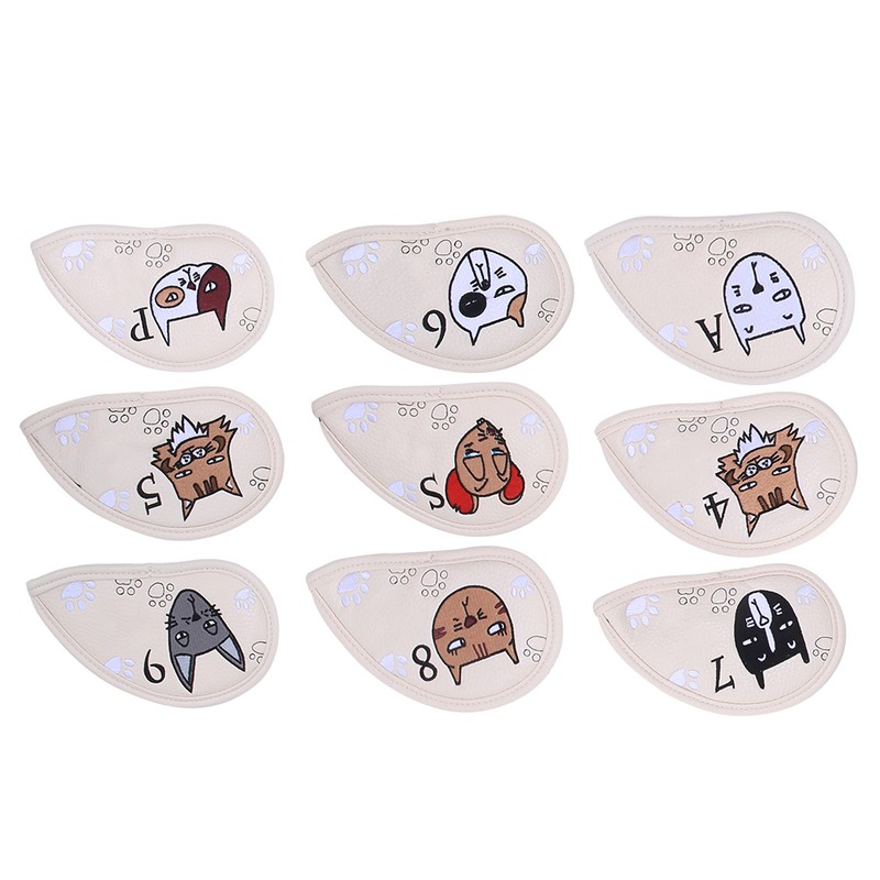 9PCS PU Leather Embroidery Waterproof Golf Putter Head Cover Iron