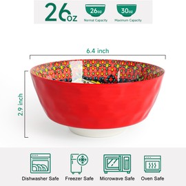 KitchenTour Cereal Bowls Set of 6, 26 oz Ceramic Soup Bowls for Kitchen, 6.4 Inch Colorful Serving Bowls for Oatmeal, Salad, Pasta, Dessert - Microwave & Dishwasher Safe