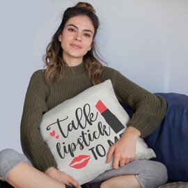Talk Lipstick to Me w/Red Lips & Hearts Design - Beauty Themed Merch for Makeup Artist or Cosmetologist, Gift for Makeup Lovers, Pillow Cover, White 18X18 in