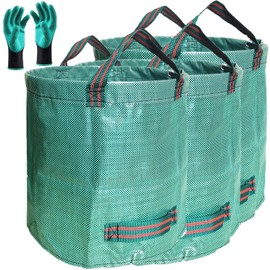 Standard 3-Pack 32 Gallons Yard Garden Bags (D18, H30 inches) with Gardening Gloves, Standable Reusable Leaf Bags,Plant Trimming Bag,Yard Waste Bags,Trash Container,Lawn Grass,Weeds Bag w/ 4 Handles