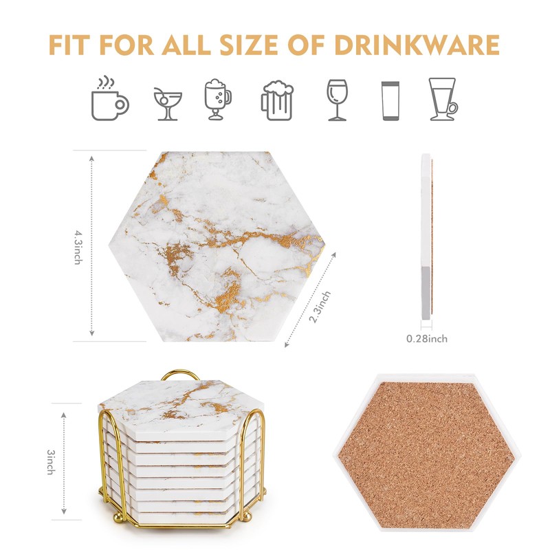 Gold Coasters,Marble Coaster Set for Table Protection,8 Pcs Drink Coasters