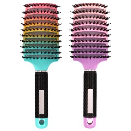 2 Pack Boar Bristle Hair Brush for Wet and Dry Hair, Comfortable Detangling Brush Getting Knots Out without Pain, Vented and Curved Hair Brush for Women Men Kids