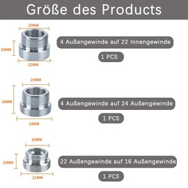 Pack of 3 Tap Adapters, Female Thread M22, M24, M16 Adapter, Thread Adapter for Male Thread, Ideal for Connectors for Kitchen Taps, Water Saving, Water Filter, Hoses