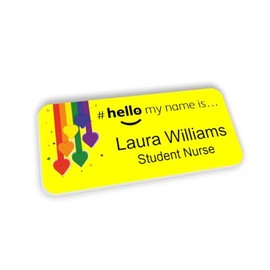 Yellow Hello My Name is Name Badge 76 x 32 mm Rainbow Arrow Hearts Doctor Student Doctor GP Healthcare Assistant Nurse Practitioner Clinical Medical