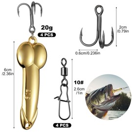 Realure 4 Pcs/2 Styles Metal Fish Lures with Trebles Hooks & Rolling Fishing Swivels Zinc Alloy Spoon Fish Lure Golden Silver Sequin Fishing Tackle Tool for Deepwater Bait
