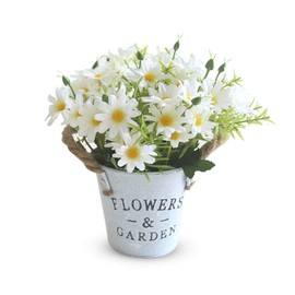 Hwtcjx Artificial Flowers with Vase, Artificial Flowers in Pots, Fake Plants With Metal Pot, Plastic Flower, with Vintage Metal Bucket, Beautiful Decoration, for Wedding, Office, Home (White)
