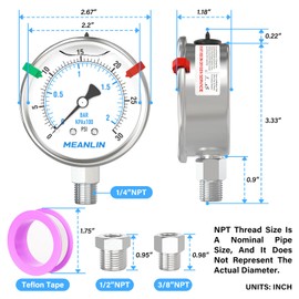 MEANLIN MEASURE 0~30Psi Stainless Steel Liquid Filled Pressure Gauge 2.5" FACE DIAL 1/4" NPT for Pool Sand Filter Water Oil Air Pressure Test Lower Mount with Stainless Steel Hex Bushing and Snaps